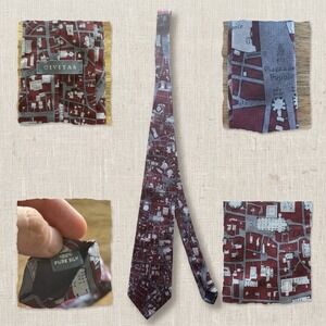 VTG Civitas Mens Silk Tie Burgundy Grey Rome City Map Roma Italia Italy Novelty